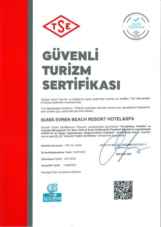Certifikát, hodnocení, plakát nebo jiný dokument vystavený v ubytování Sunis Evren Beach Resort Hotel & Spa
