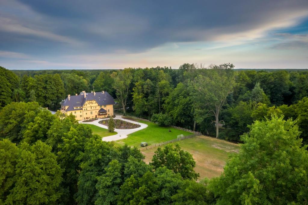 una vista aérea de una gran casa en el bosque en Zamek Bożejów en Radomierowice