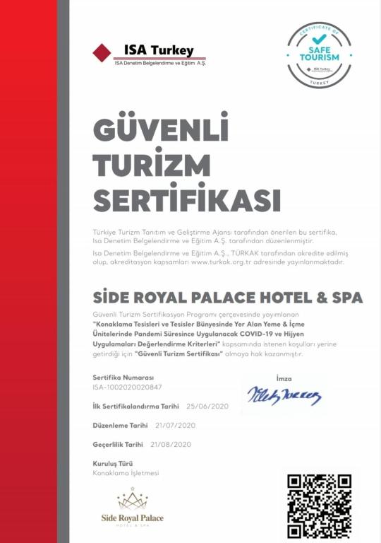 Certifikát, hodnocení, plakát nebo jiný dokument vystavený v ubytování Side Royal Palace