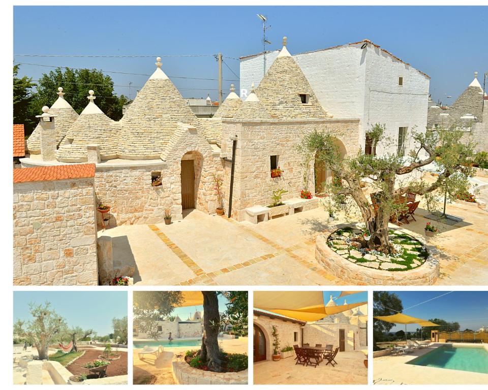un collage de quatre photos d'un château dans l'établissement Truly Trulli, à Alberobello
