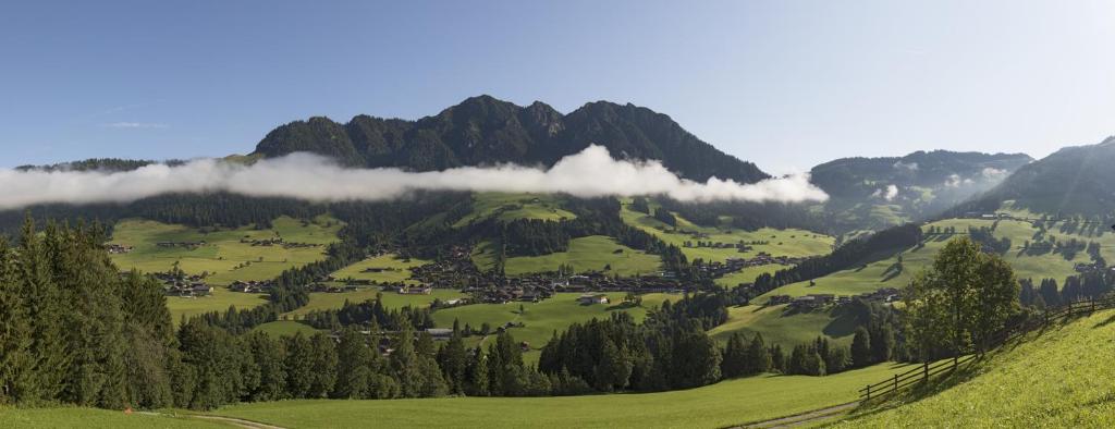 zielony wzgórze z drzewami i góra z chmurami w obiekcie Haus Valentina w Alpbach