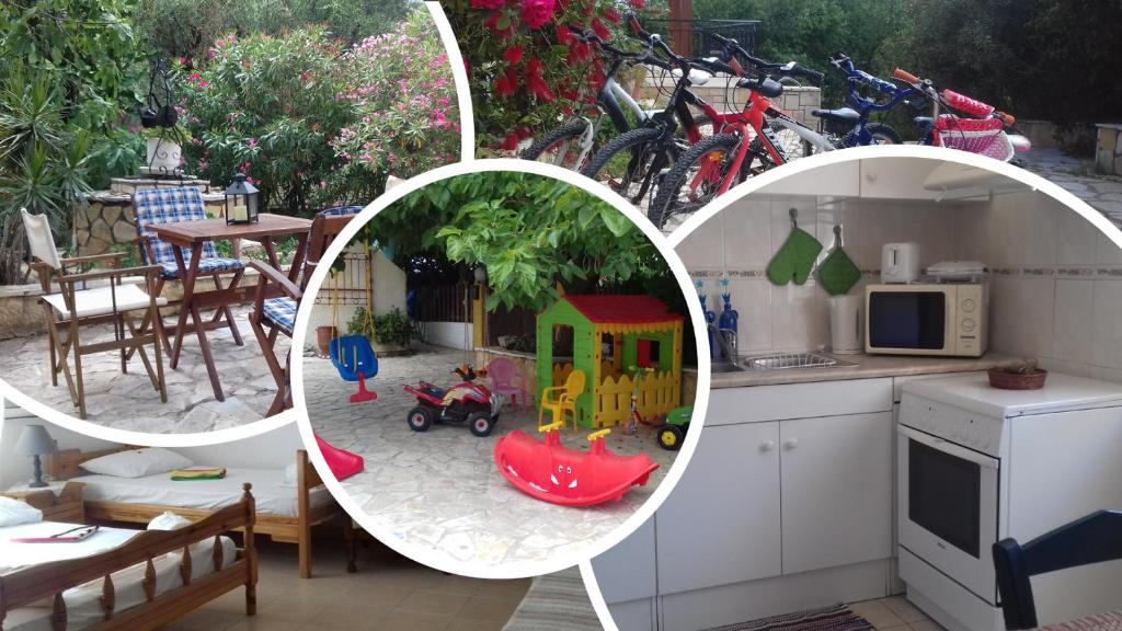 two images of a kitchen and a kitchen with a toy at Yria Suite Zakynthos in Katastárion