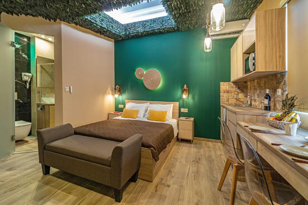 a bedroom with a bed and a bathroom at Cool Style Private Apartments in Athens