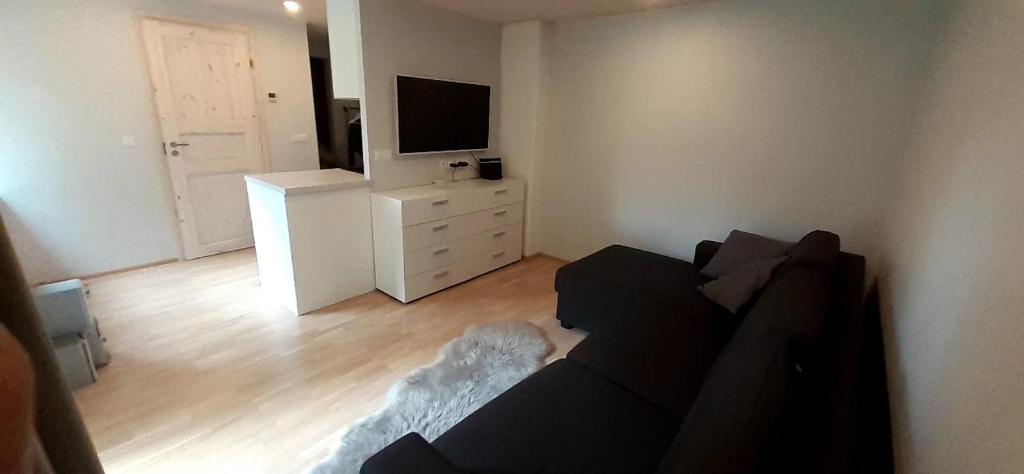 uma sala de estar com um sofá preto e uma televisão em Vabadus em Kärdla