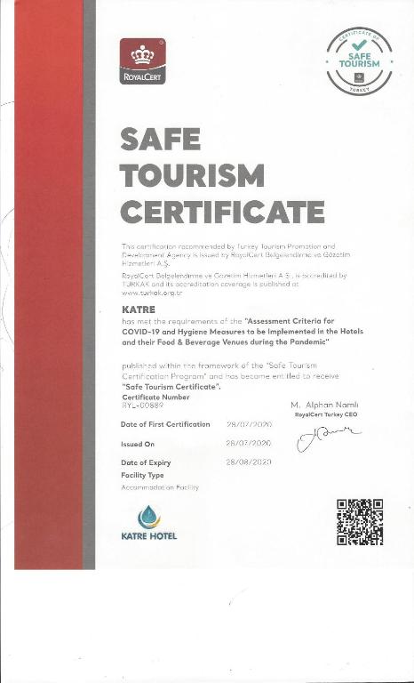 Certifikát, hodnocení, plakát nebo jiný dokument vystavený v ubytování Katre Hotel Oludeniz