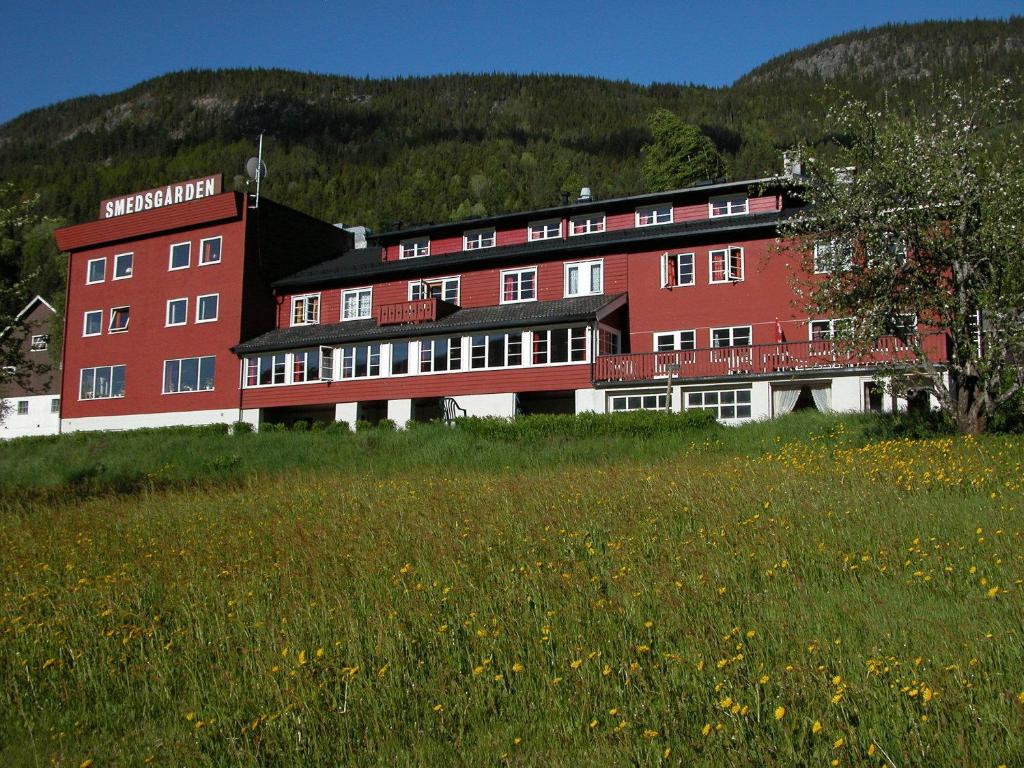 un grand bâtiment rouge avec un champ devant lui dans l'établissement Smedsgården Hotel, à Nesbyen