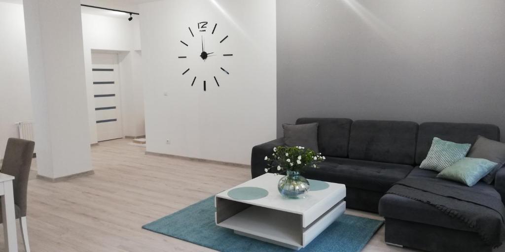salon z czarną kanapą i zegarem na ścianie w obiekcie CITY VIEW Saperów II - klimatyzacja, przy parku w Świdnicy