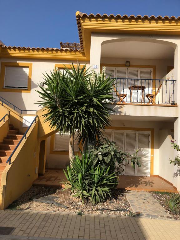 a house with a palm tree in front of it at Apartamento El Escondite in Palomares