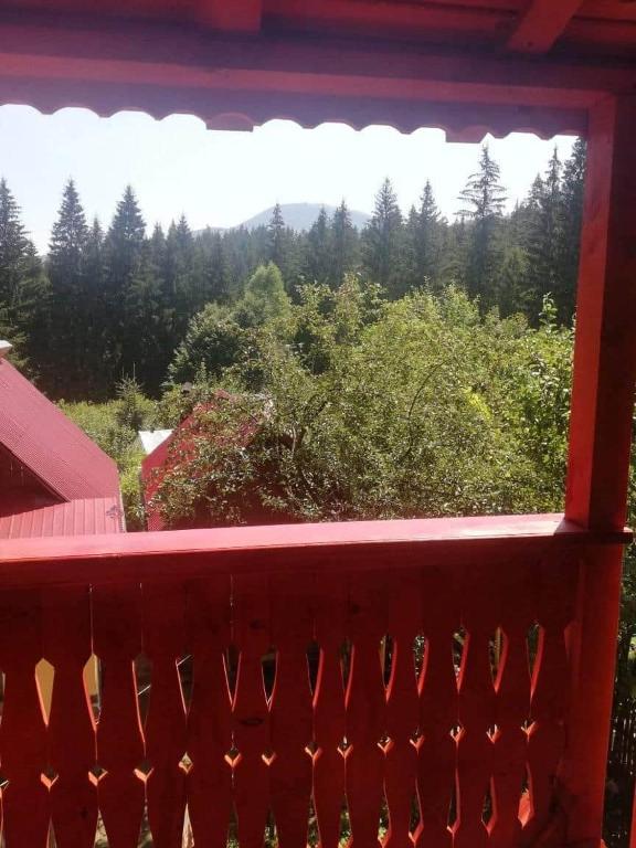 a red balcony with a view of trees and bushes at Căsuța din pădure de la Câmpu lui Neag in Cîmpu lui Neag