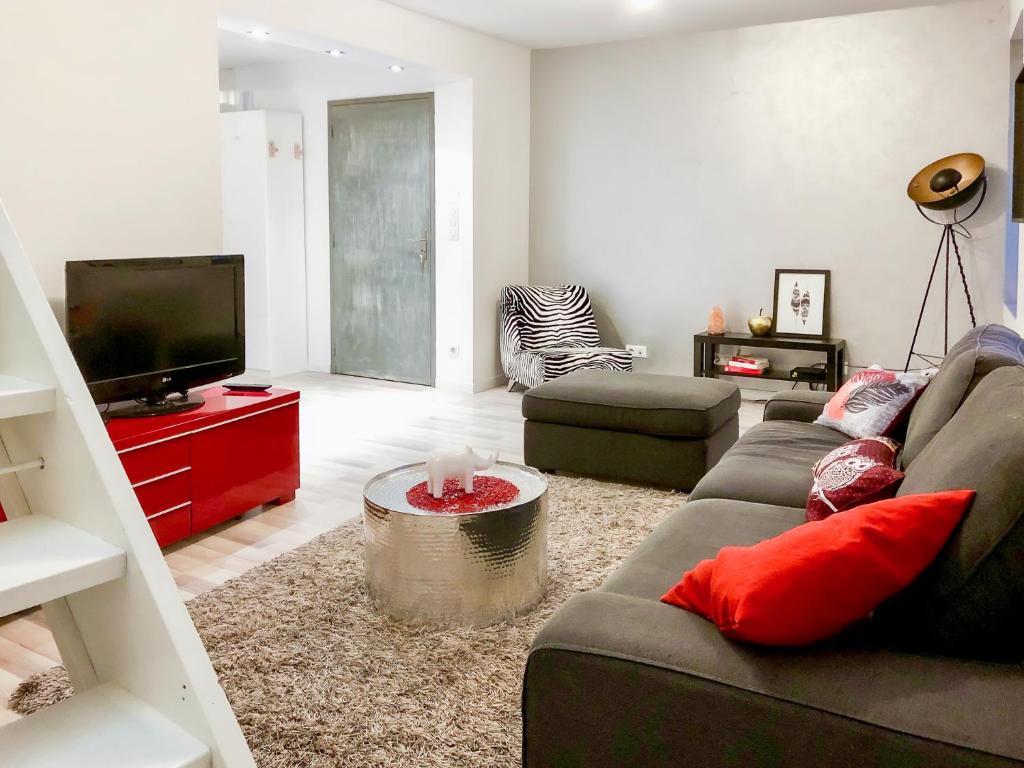 Una sala de estar con un sofá y un televisor. en The downtown cosy apartments, en Colmar