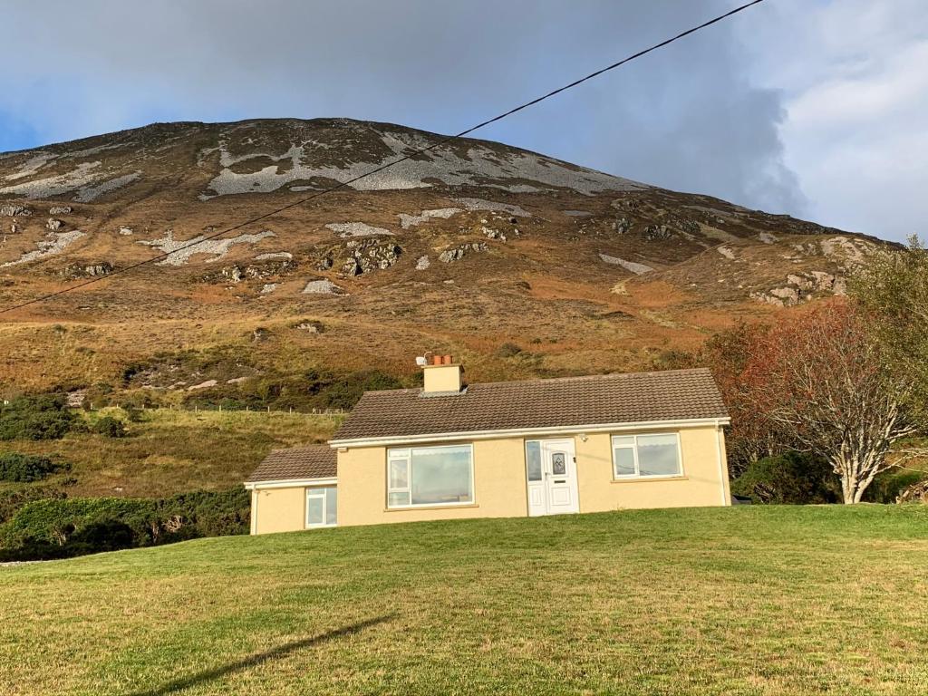 a house on a field with a mountain in the background at Errigal Lodge, Dunlewey in Gweedore