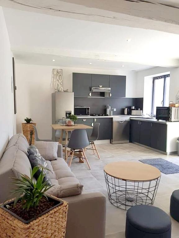 un salon avec un canapé et une cuisine dans l'établissement Appartement lumineux à Sainte-Geneviève, 45 m² jardin, à Sainte-Geneviève-lès-Gasny