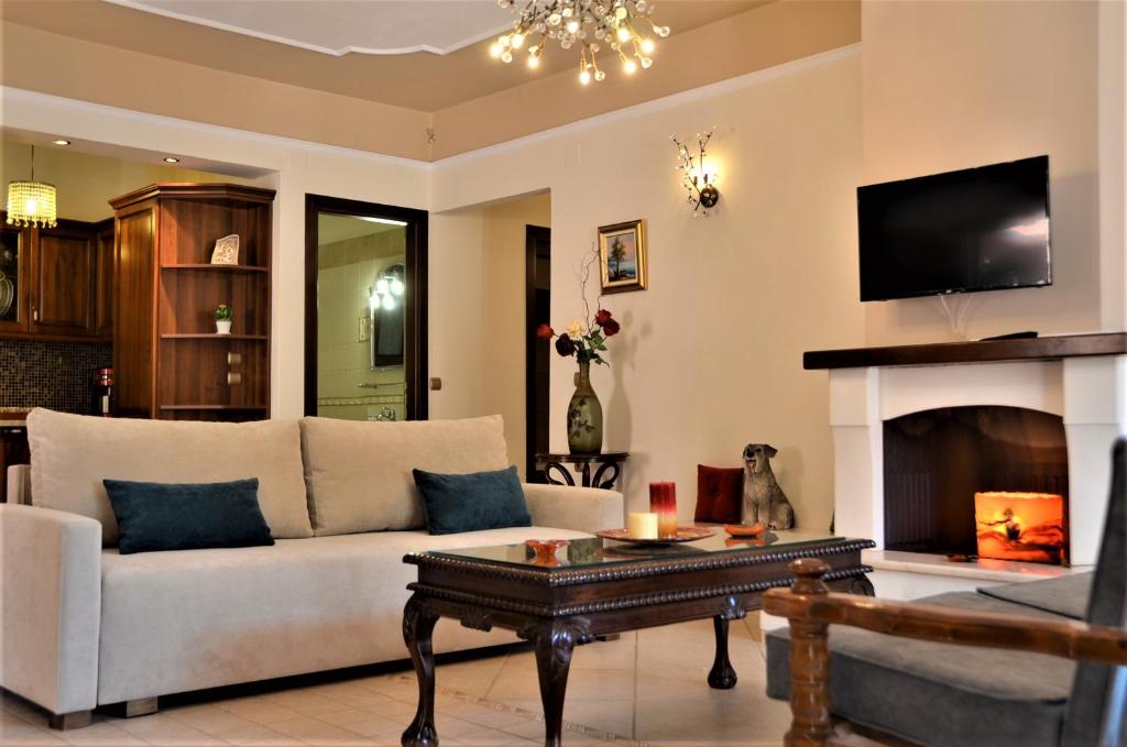 - un salon avec un canapé et une cheminée dans l'établissement Pagiatakis Suites, à Parga