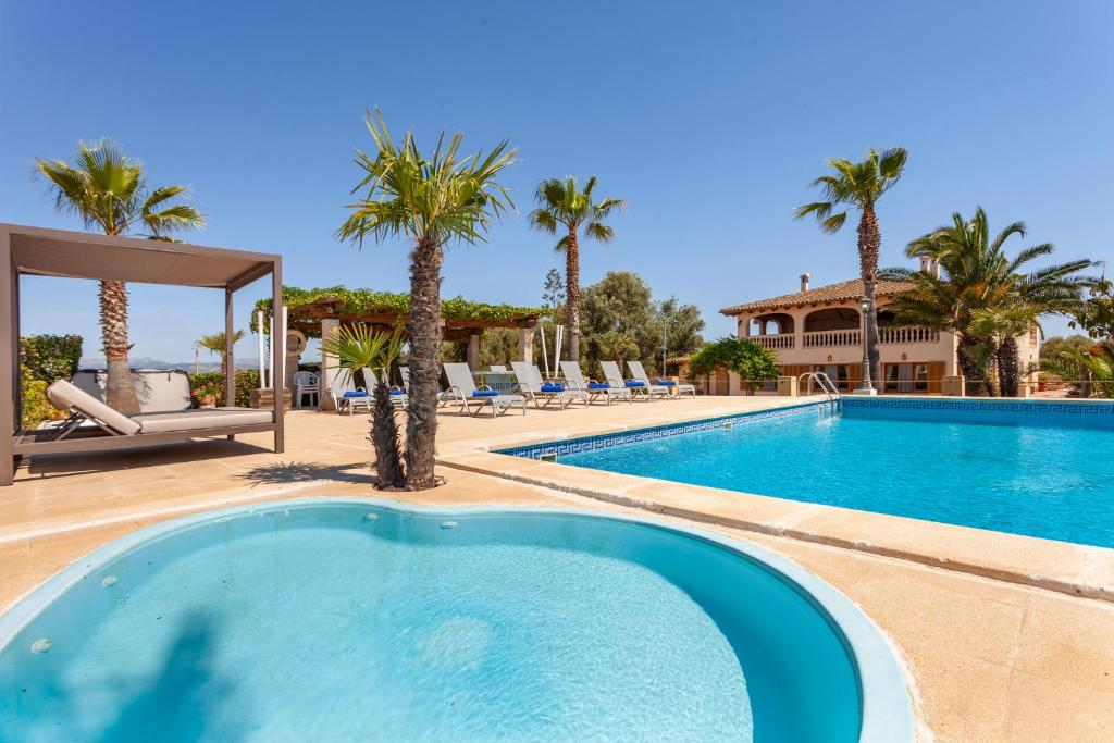 une piscine bordée de palmiers et une maison dans l'établissement Villa in Can Picafort, located in the countryside, near the beach, has 5 bedroom, à Santa Margalida