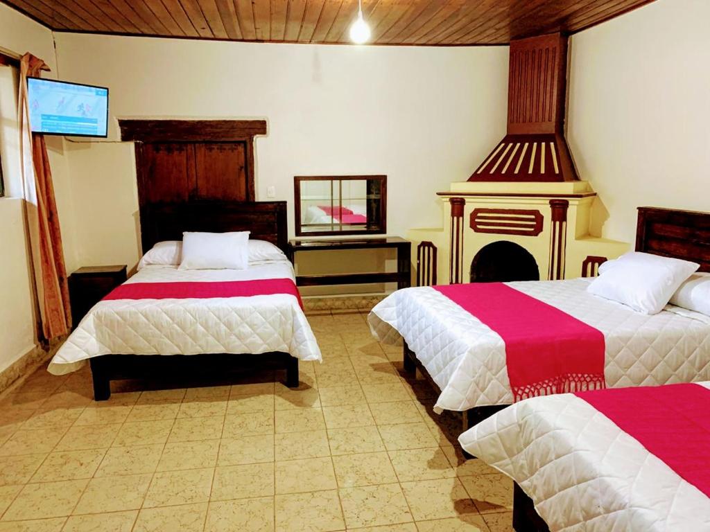 a bedroom with two beds and a fireplace and a tv at HOTEL CASA D'LINA CENTRO in San Cristóbal de Las Casas