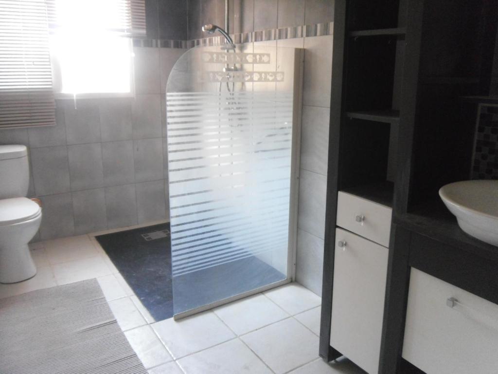 a bathroom with a shower with a sink and a toilet at appartement saisonnier in Sorède