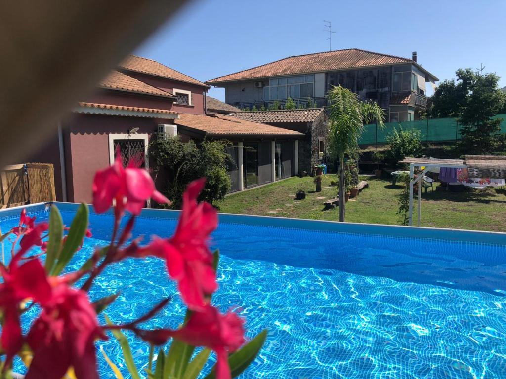 una piscina con fiori rossi di fronte a una casa di Etnante a Zafferana Etnea