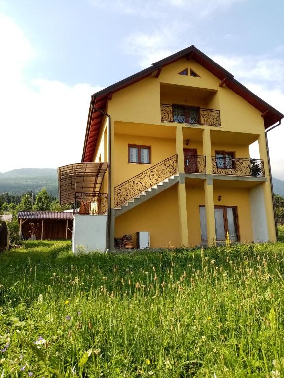 a yellow house on top of a green field at Casa Dana in Borsa