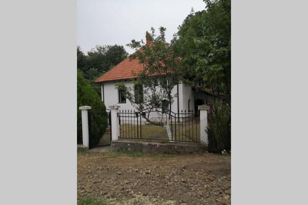 a gate in front of a white house at Cherry Tree Villa in Bošnjaci