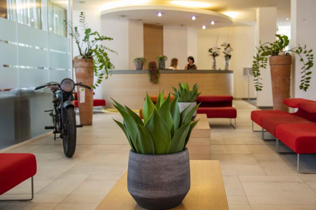 eine Krankenhauslobby mit einem Fahrrad in der Mitte in der Unterkunft Hotel Remilia in Reggio nell'Emilia