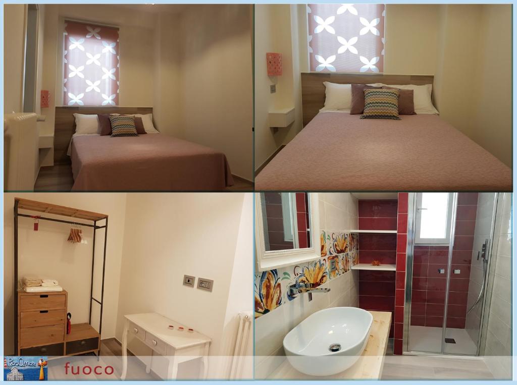 two pictures of a bedroom with two beds and a bathroom at RosAmar in Bari