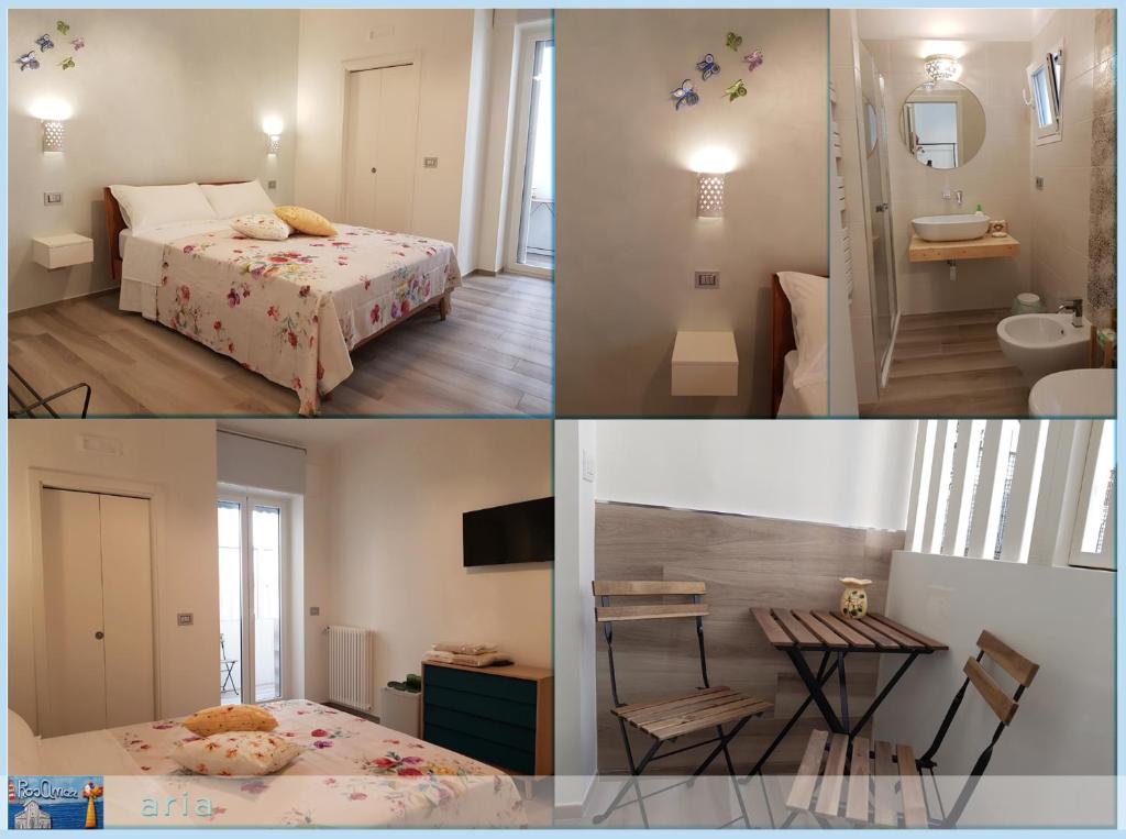 two pictures of a bedroom with a bed and a bathroom at RosAmar in Bari