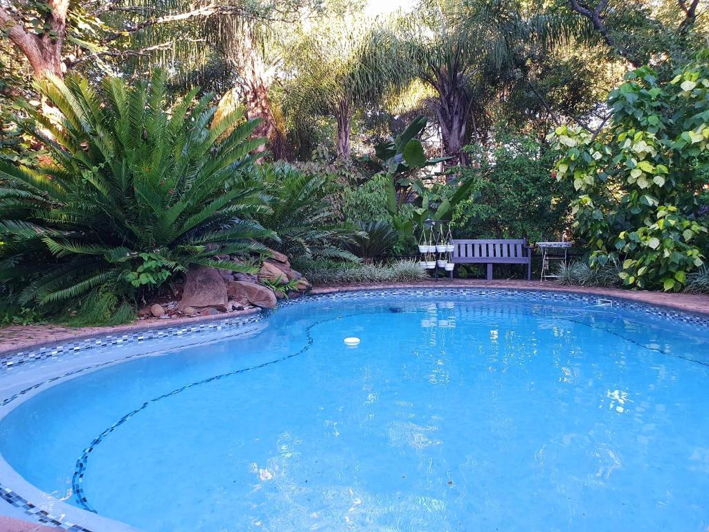 a large swimming pool with a bench in a yard at Shingalana Guest House in Hazyview