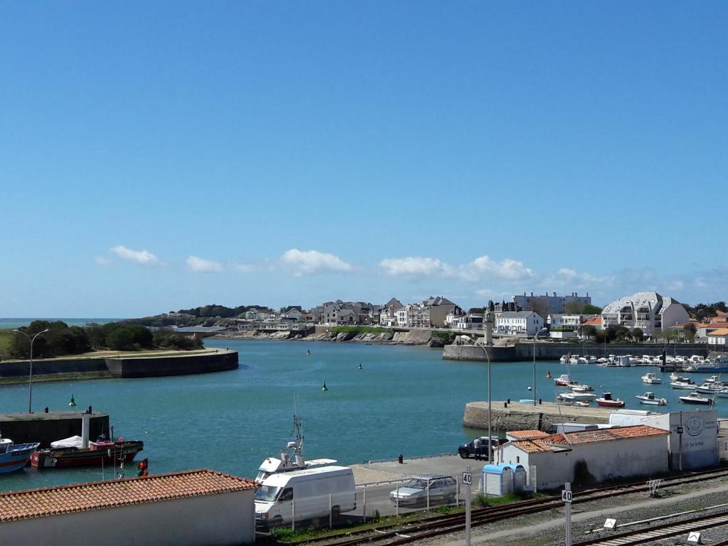 Una vista de un puerto con barcos en el agua. en APPARTEMENT FACE au PORT et à L'OCEAN SAINT GILLES CROIX DE VIE WIFI BALCON PARKING PRIVE COUVERT, en Saint Gilles Croix de vie