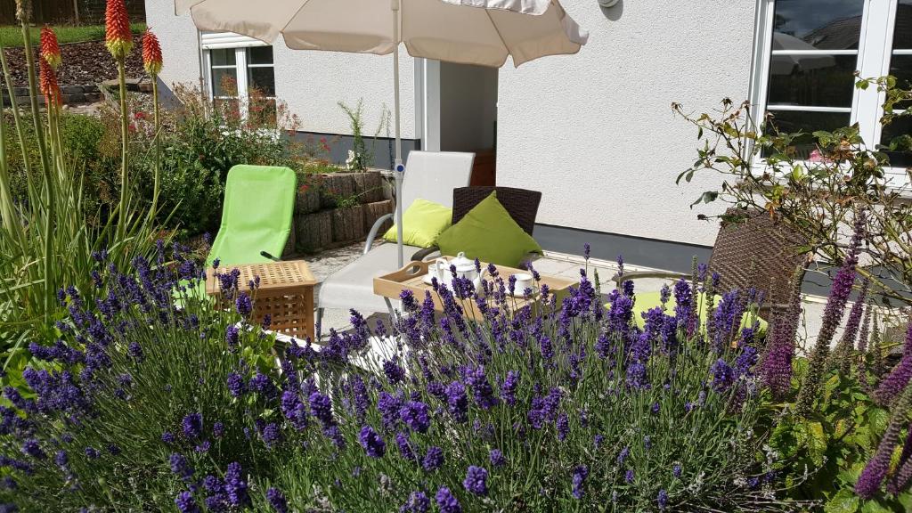 einen Garten mit lila Blumen und einem Sonnenschirm in der Unterkunft Ferienwohnung Seeburger See in Seeburg