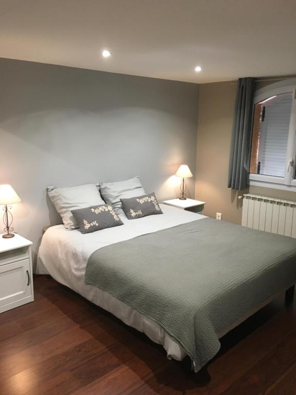 um quarto com uma cama grande e 2 almofadas em Chambre privé entre Lyon et St Etienne em Rive-de-Gier