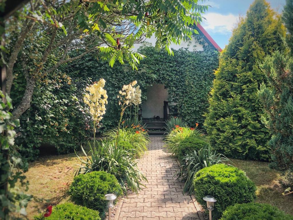 a garden with a brick walkway in front of a house at Zielona Sielanka in Orzyny