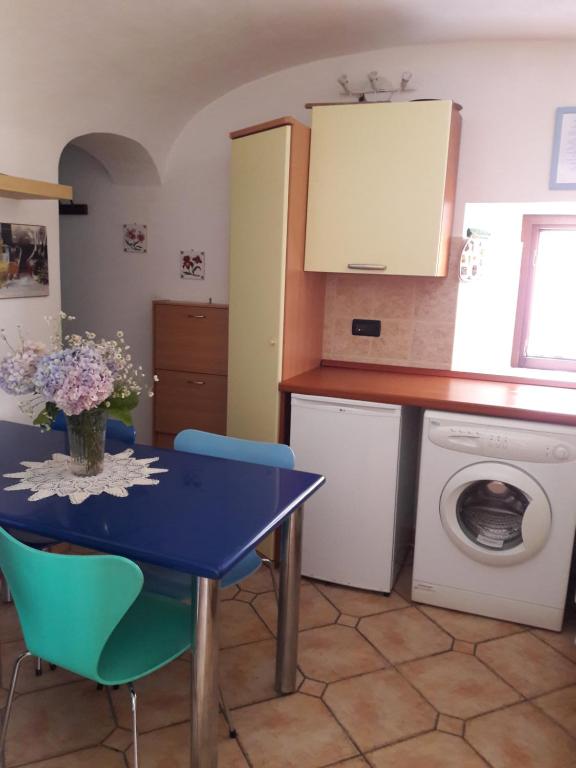 a kitchen with a blue table and a washing machine at GRAZIOSO BILOCALE CENTRO paese in Frabosa Soprana
