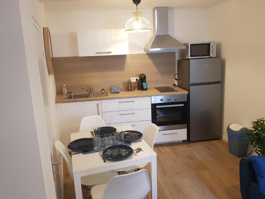 una pequeña cocina con fregadero y nevera. en Appartement 2 chambres cosy centre ville historique en Orléans