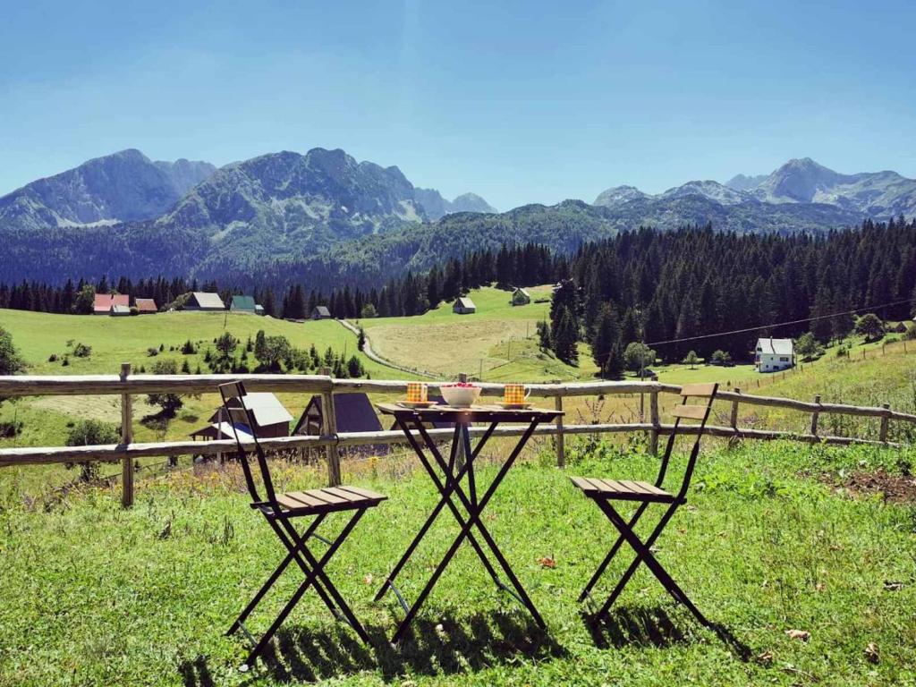 a table with two chairs in a field with mountains at Bosaca in Žabljak