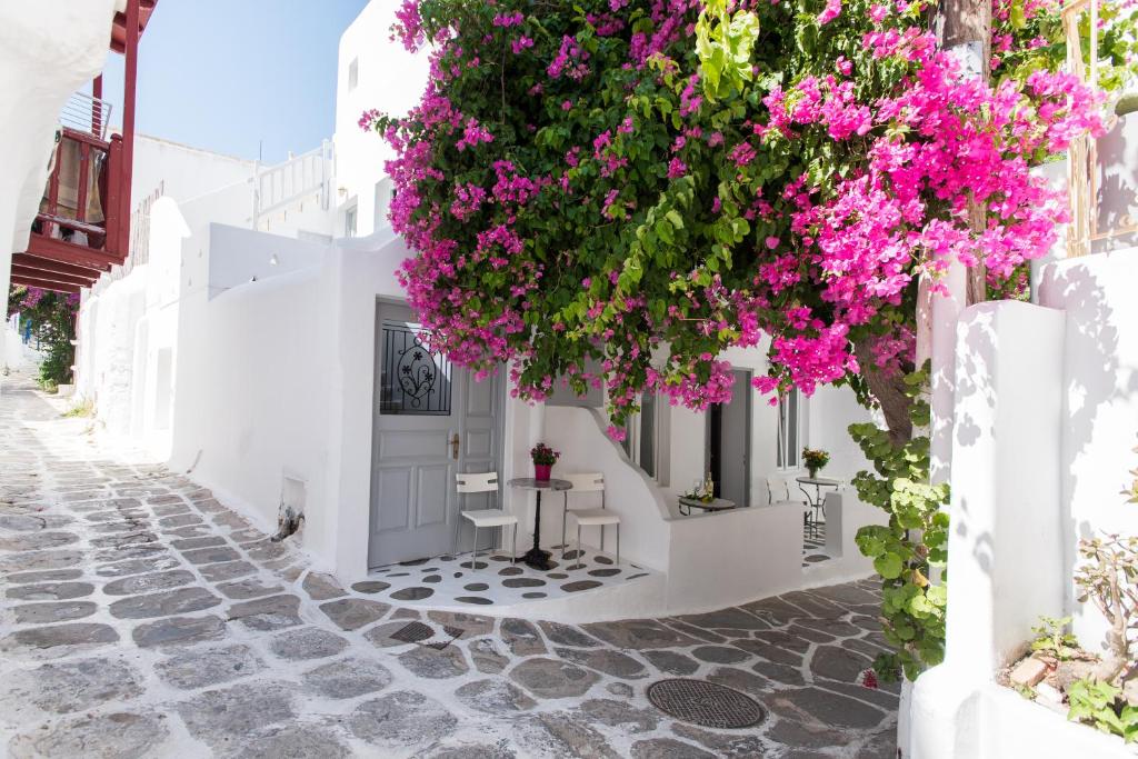 a street in mykonos town with pink flowers at Lirous Studios in Mikonos