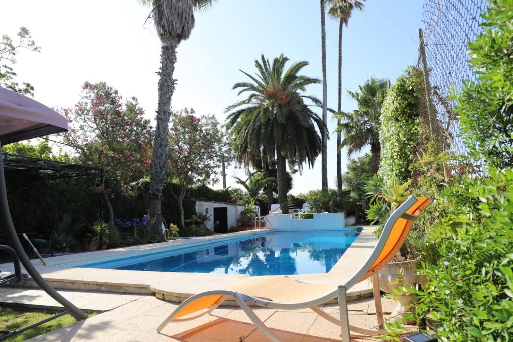 a swimming pool with two lawn chairs and palm trees at Villa Casa das Palmeiras in Charneca