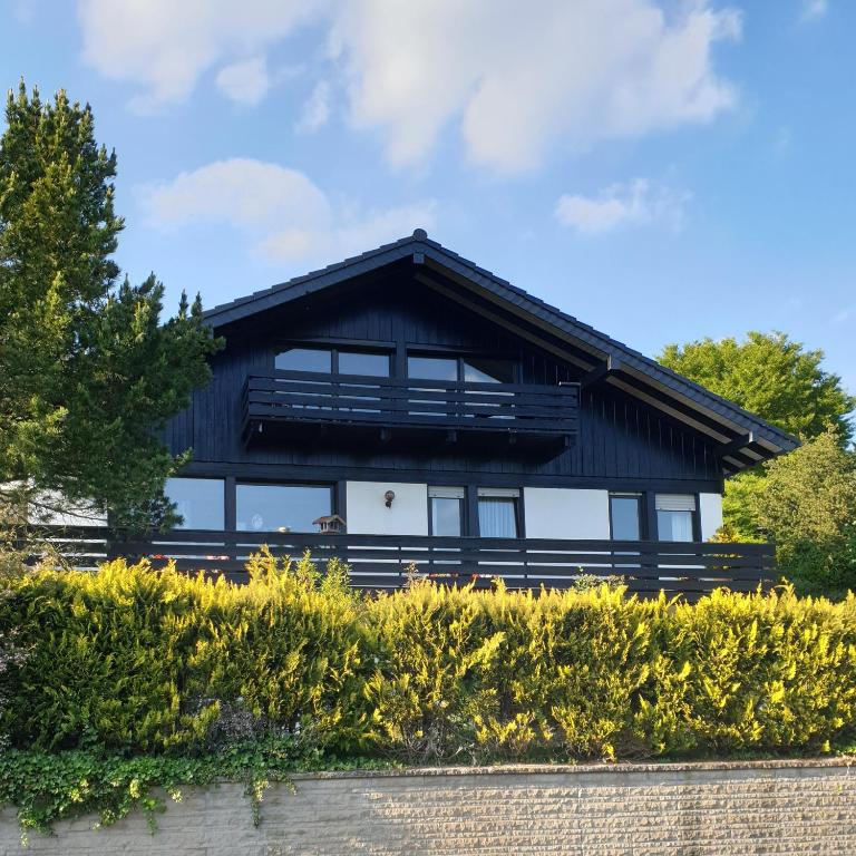 a house with a black roof and some bushes at Ferienwohnung Miesseler in Kall