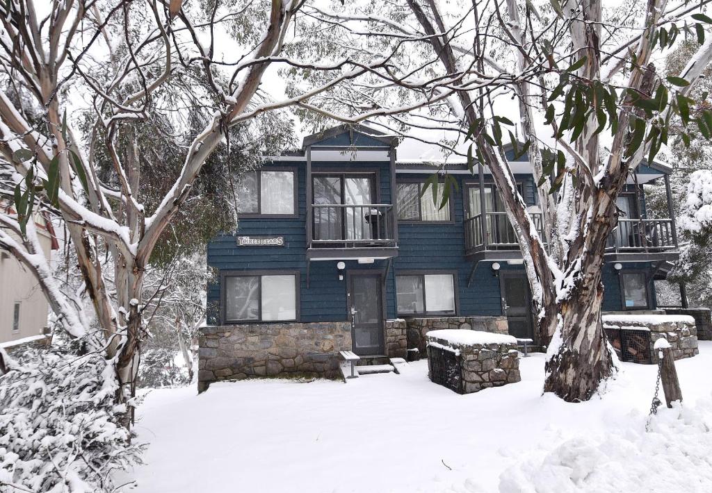 a blue house with snow in front of it at Three Bears 3 in Thredbo