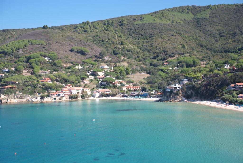 an aerial view of a beach with houses and trees at Hotel Danila in Portoferraio