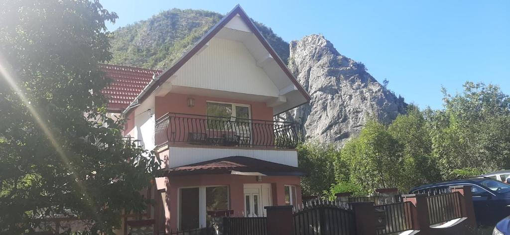 a house in front of a mountain with a fence at La Stanci in Crăciunești