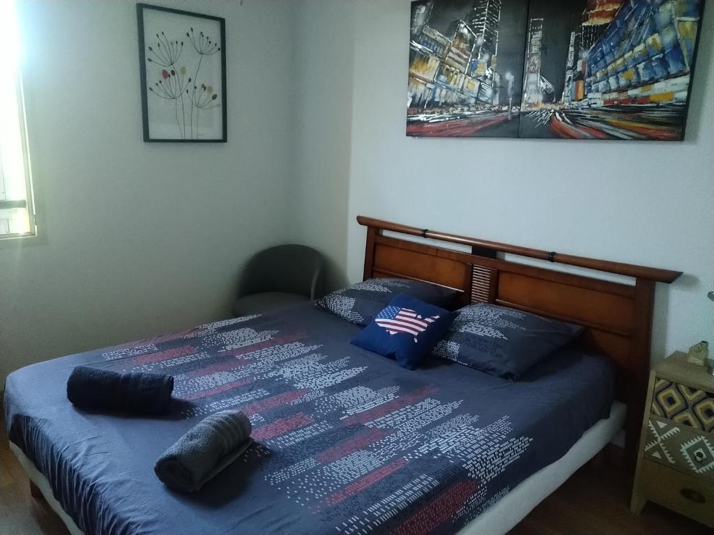 1 dormitorio con 1 cama con sábanas y almohadas azules en Chambre, en Carcassonne