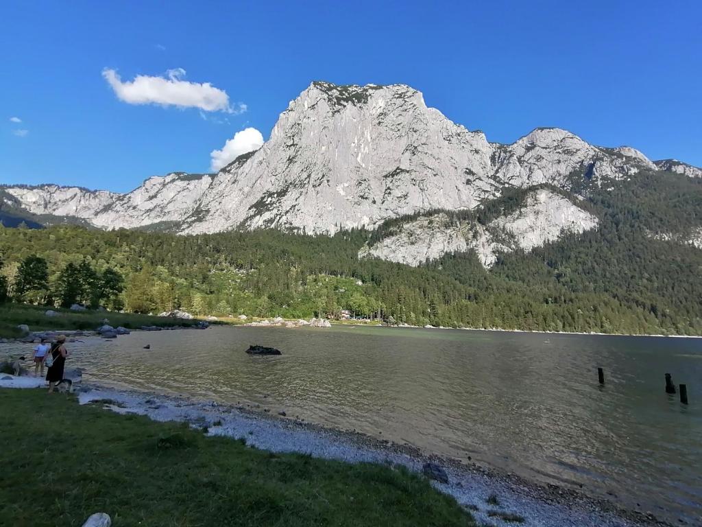 Ein Berg, der über einem See schwebt, mit Menschen im Wasser in der Unterkunft Haus Tressenstein in Bad Aussee
