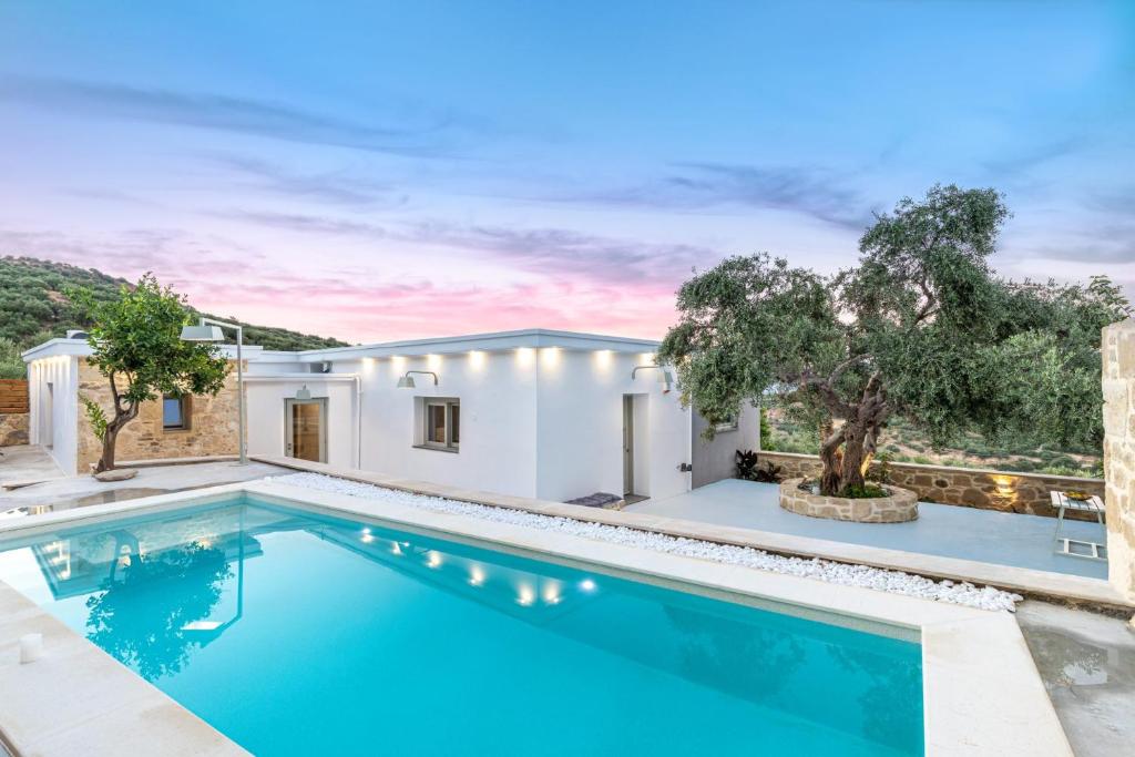 una piscina en el patio trasero de una casa en Villa Evrithea, en Kalleryianá