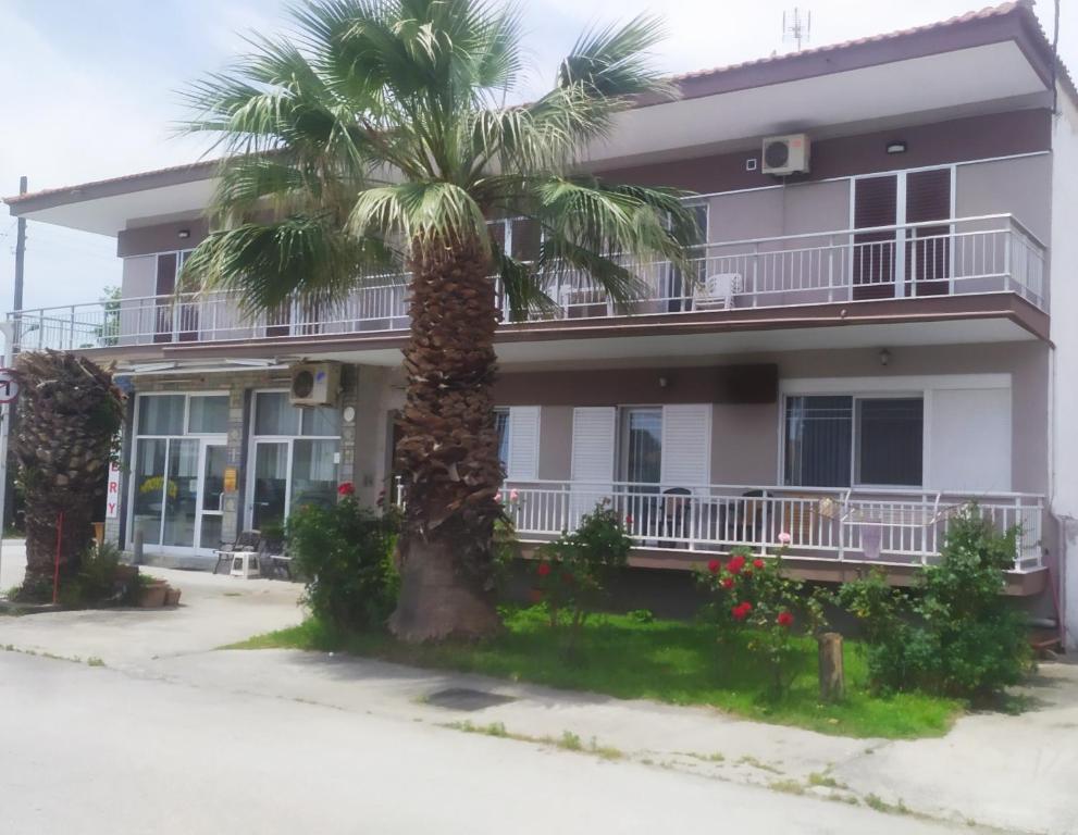 a palm tree in front of a building at Villa Paschalis in Nea Vrasna