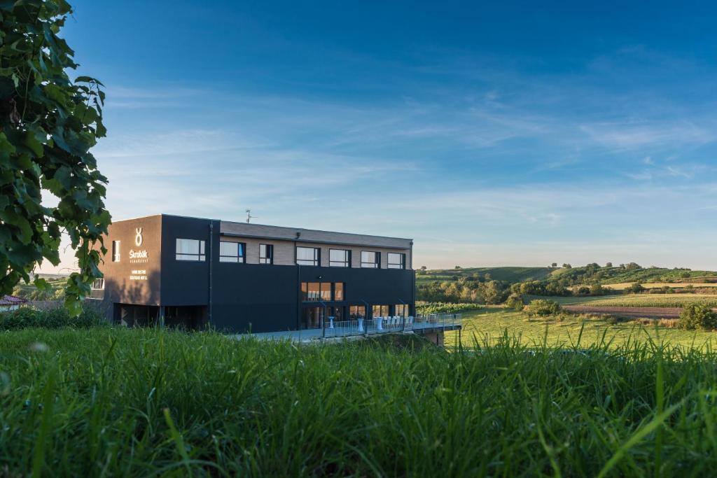 una casa negra en una colina con un campo verde en Boutique Hotel Vinařství Škrobák en Čejkovice