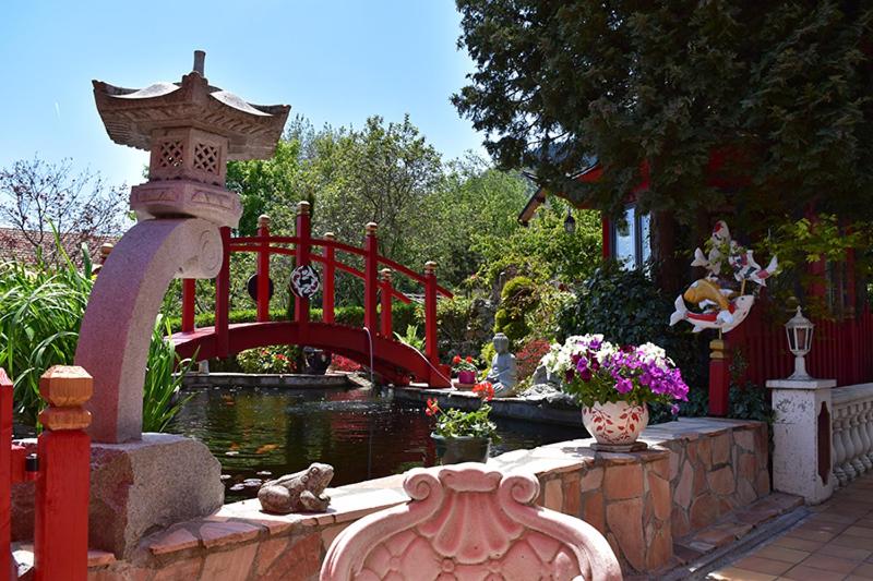 un jardin avec un étang et un pont rouge dans l'établissement Gîte Au printemps Japonais, petit train de la Mure, parc des Ecrins, à Pierre-Châtel