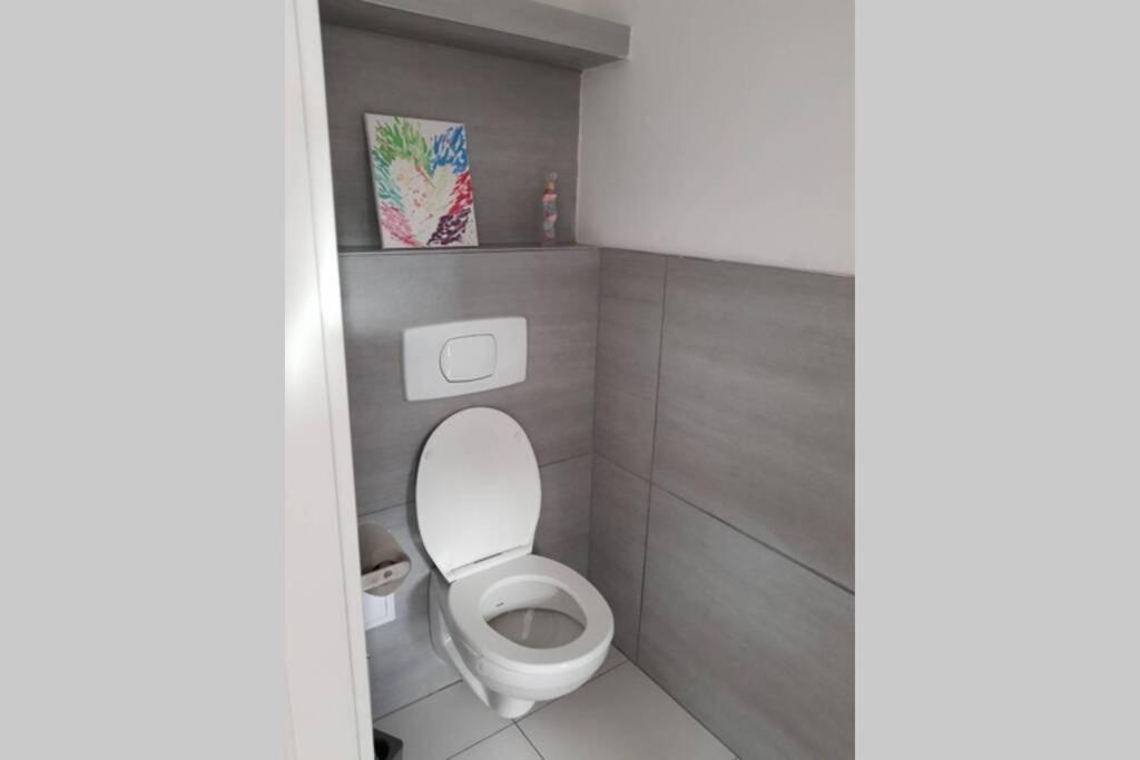 W pokoju znajduje się łazienka z białą toaletą. w obiekcie Cozy apartment in the heart of Kecskemet w mieście Kecskemét