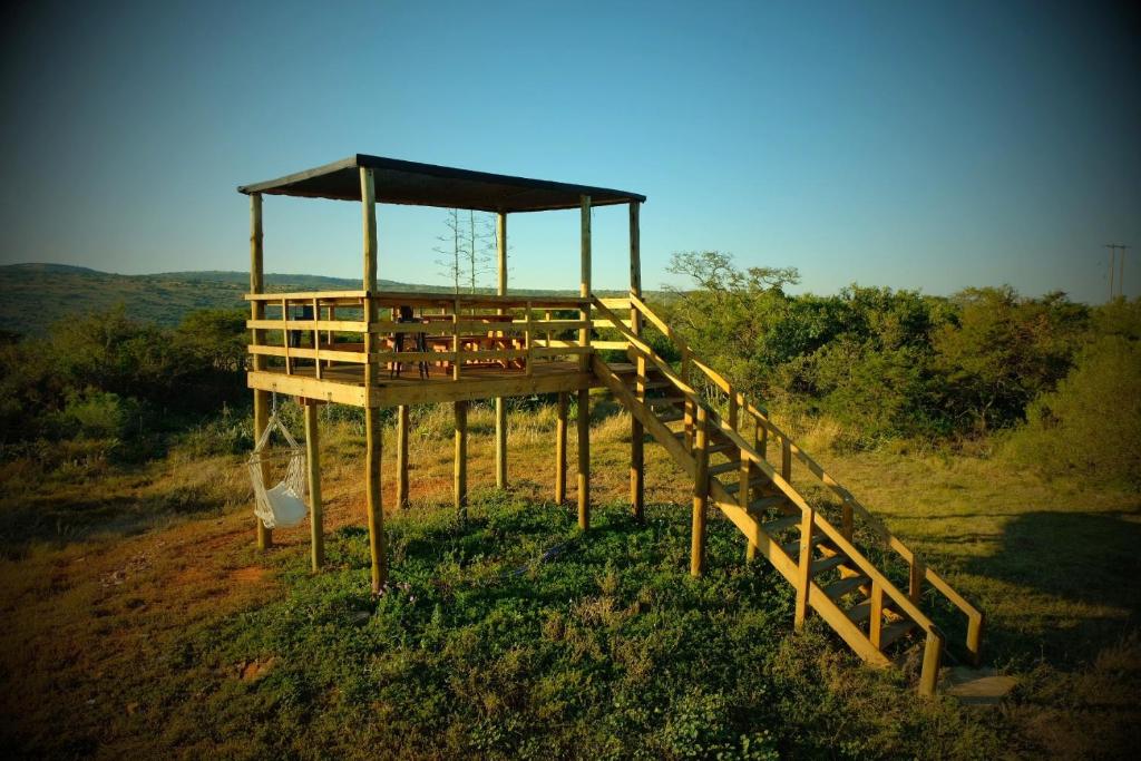 a wooden platform with a staircase in a field at Seven Fountains Farm in Grahamstown