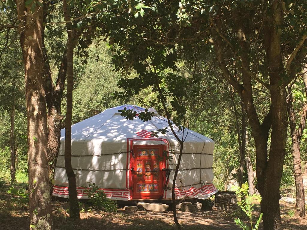 een rode truck geparkeerd in het midden van een bos bij Moulin de la Buade in Termes