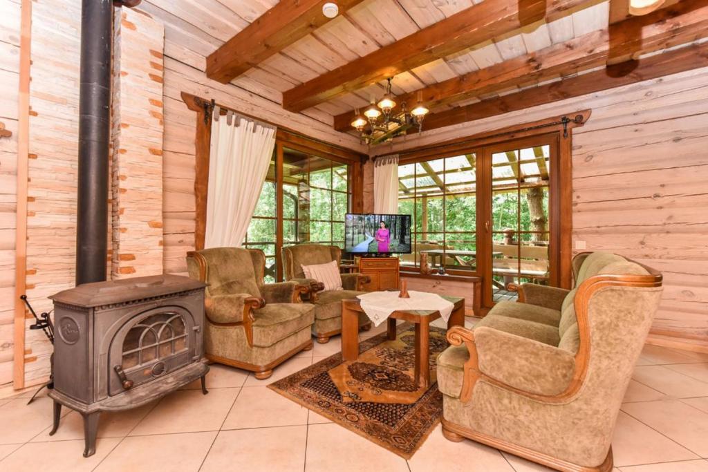 a living room with a fireplace and a stove at Šeimyninis namelis nr.2 in Kurėnai